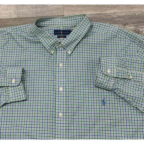 Ralph Lauren Blue Green Grid Check Mens 4XLT Pony Cotton Stretch Button Up Shirt - Picture 1 of 9